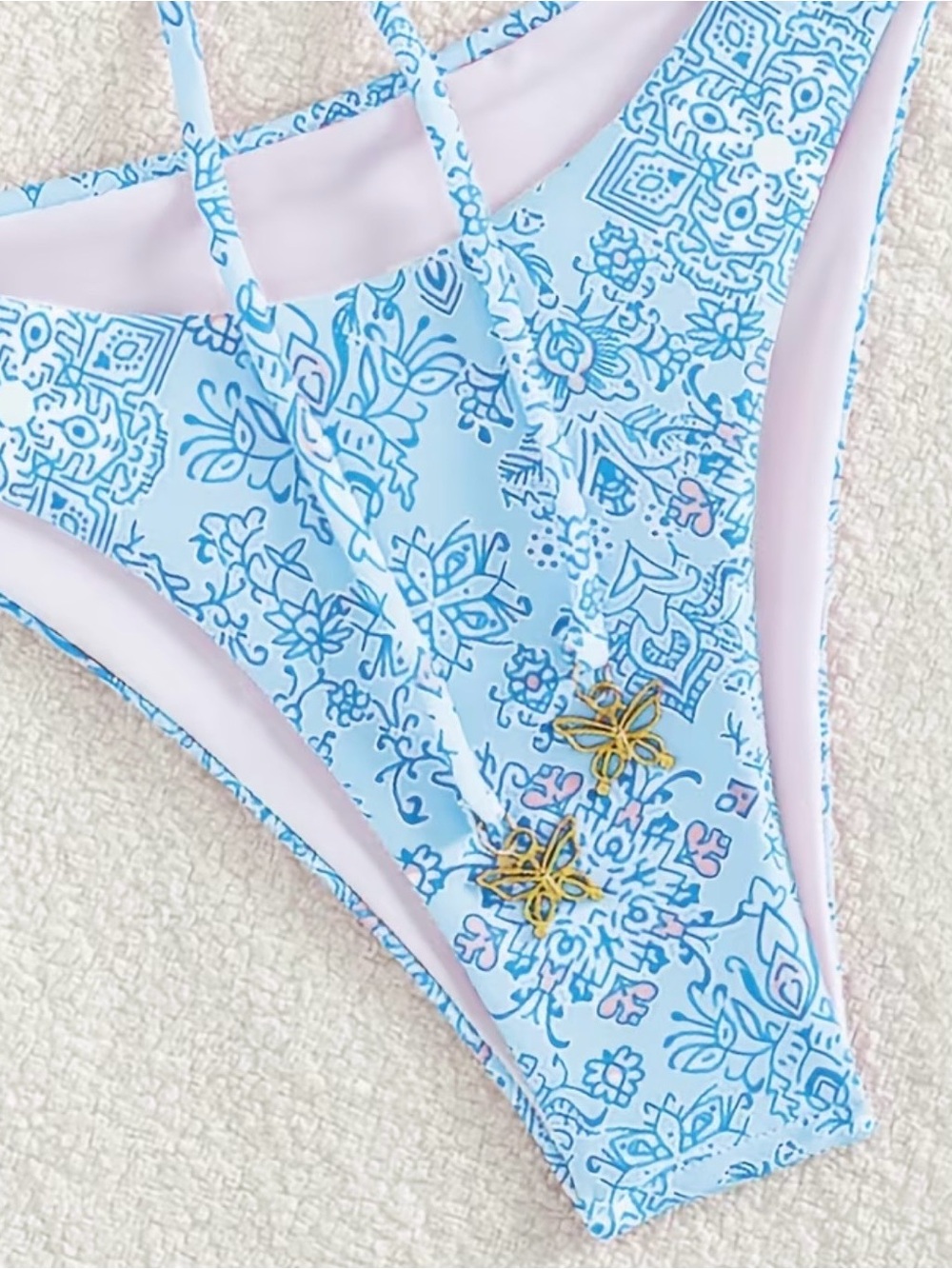 Light Blue Paisley Tie Front Triangle Bikini Set - Picture 5 of 7